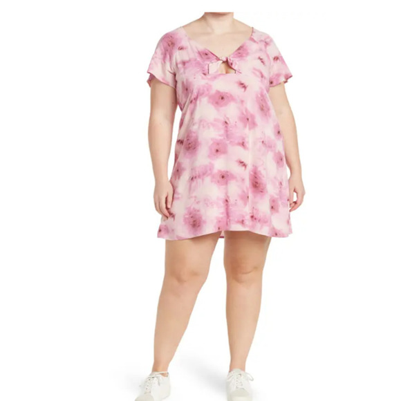 Abound Nordstrom Leland Tie Front Cutout Pink Skater Dress Short Sleeve Size 1X - Picture 1 of 10